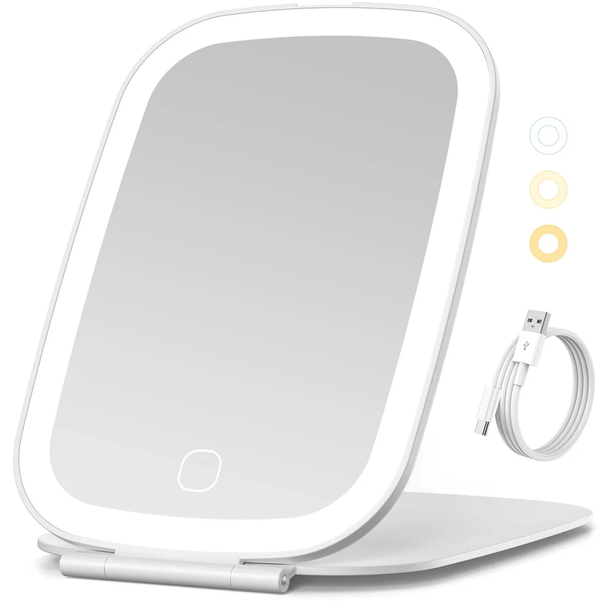 White rectangular foldable mirror with LED border and USB-C port