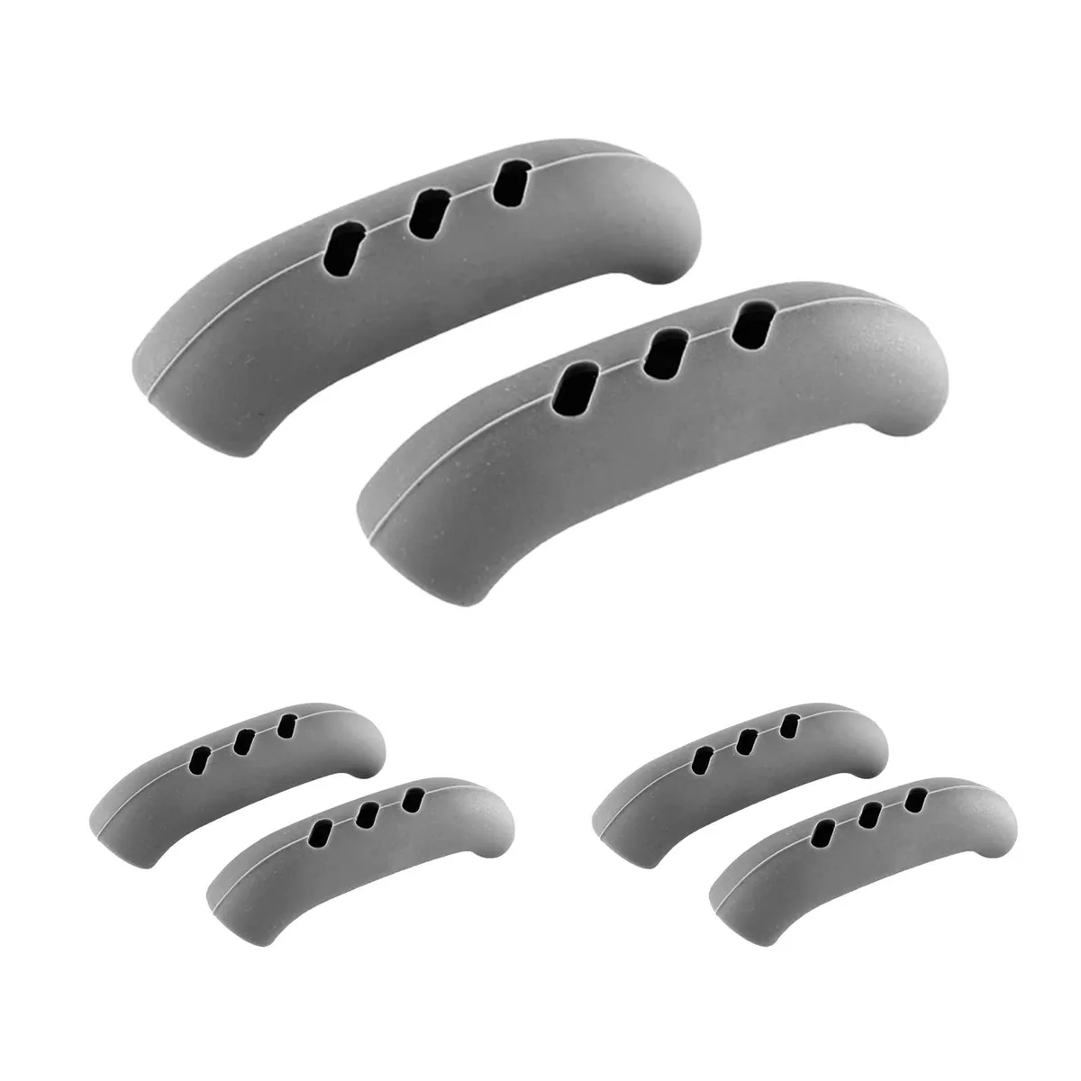 Six flexible silicone handle sleeves in a curved arc design with ventilation holes, matte finish