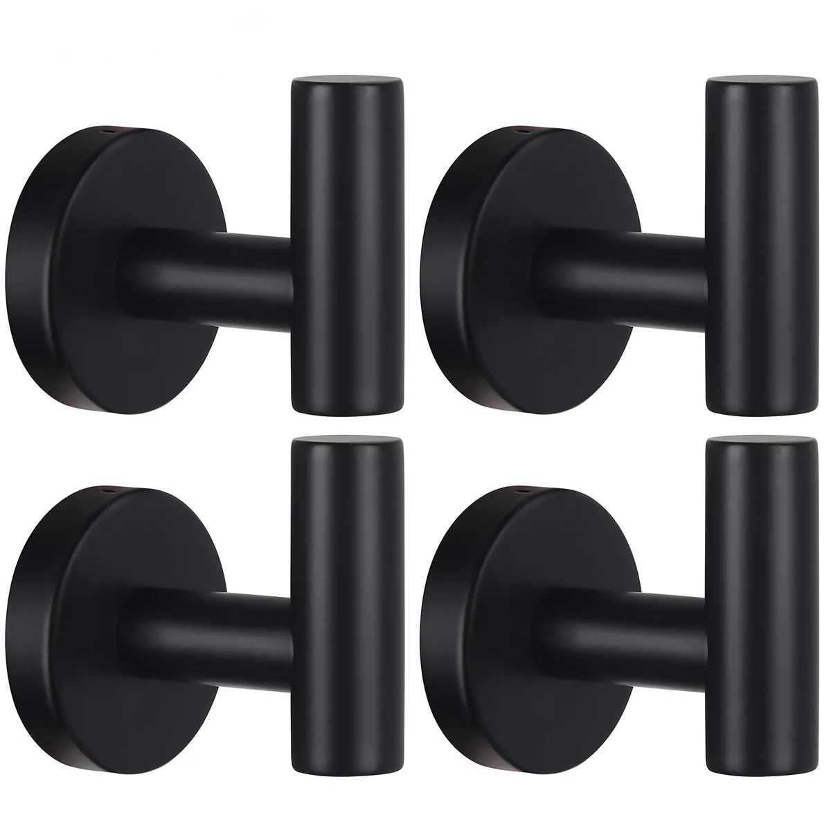 Four matte black stainless steel wall hooks, each 2.5 by 2.2 by 2.2 inches, rated 11 lb