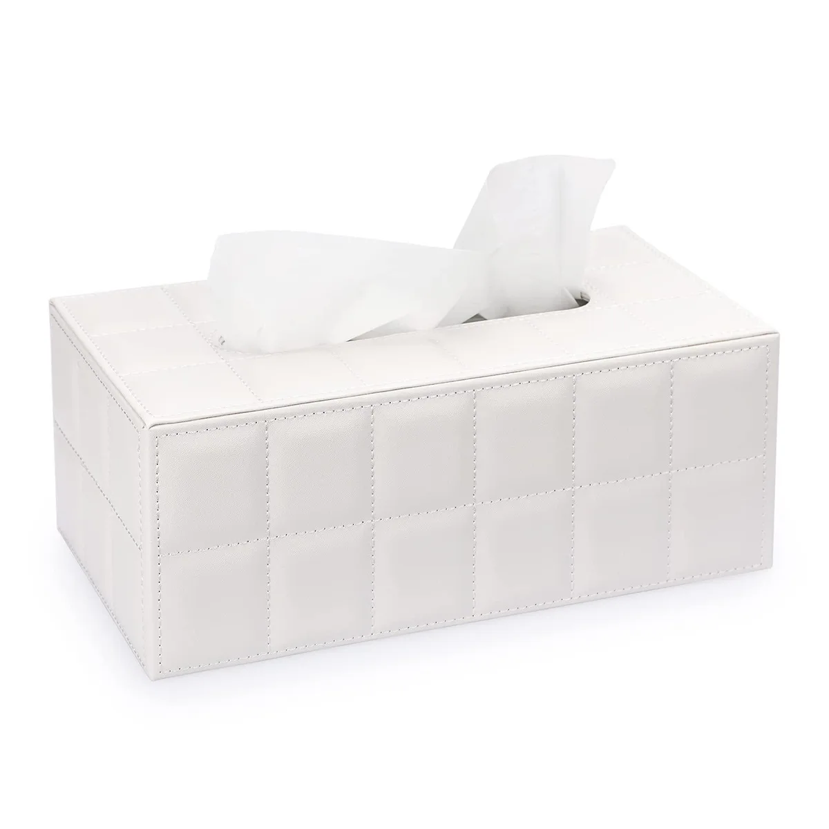 White faux leather rectangular tissue box cover with magnetic bottom, grid texture, 9.9 by 5.4 inches