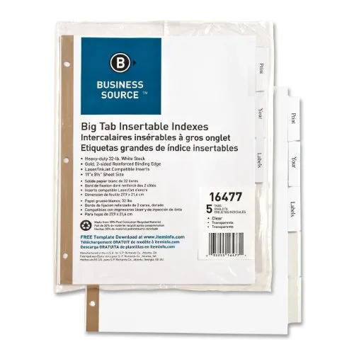Business Source Business Source 16477 Index Dividers 5-Tab 11" Letter White/Clear accessory — product photo