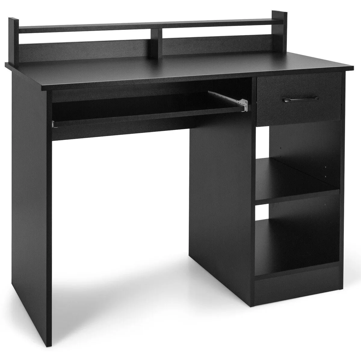 Black rectangular study desk with pull-out keyboard tray, long display shelf, large drawer and adjustable side shelf