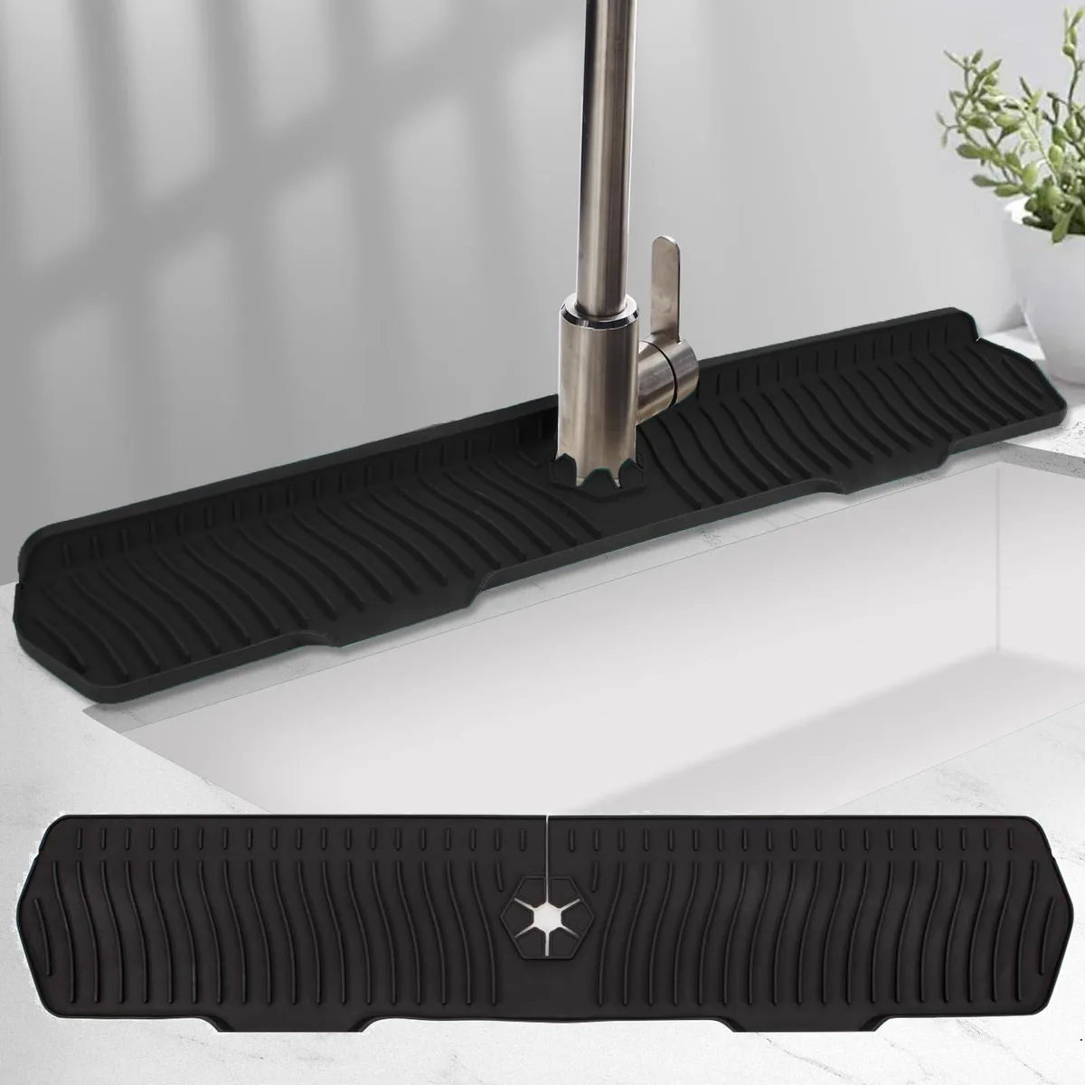 Black silicone splash guard 29.7 by 5.7 inches folded behind faucet