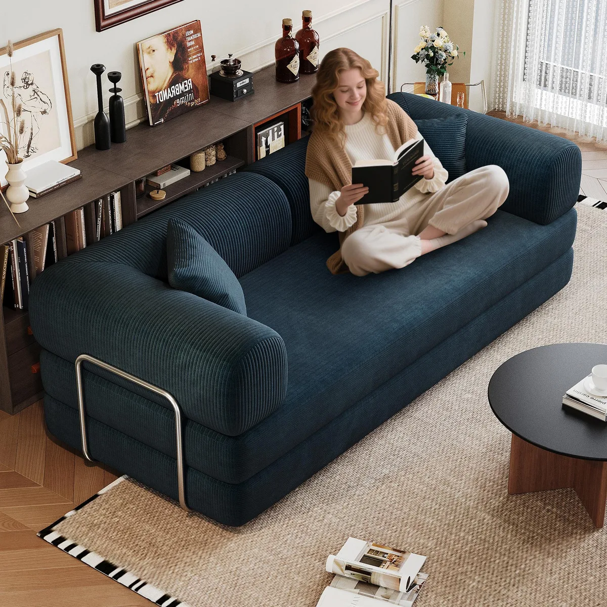 tuphen tuphen 78.8" Convertible Floor Sofa Bed Blue Corduroy — product photo