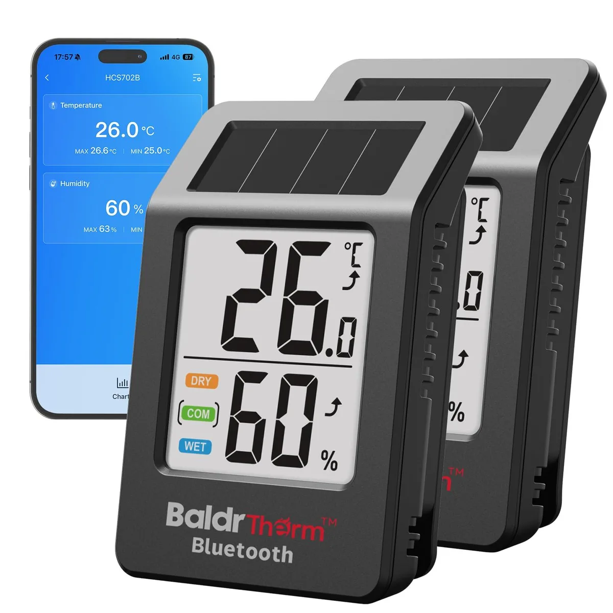 Two matte black rectangular thermometers with digital displays side by side