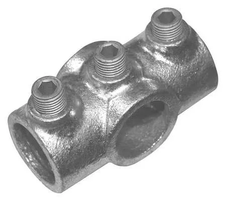 Cast iron cross pipe fitting, grey zinc-plated finish, four openings