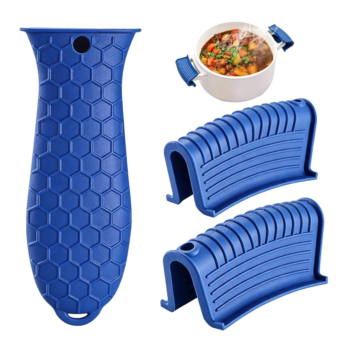 Three blue silicone pan handle sleeves, two small one large, honeycomb texture, hanging holes