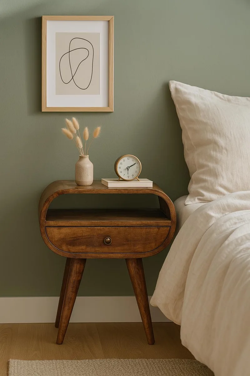 Chestnut circular bedside table with one drawer