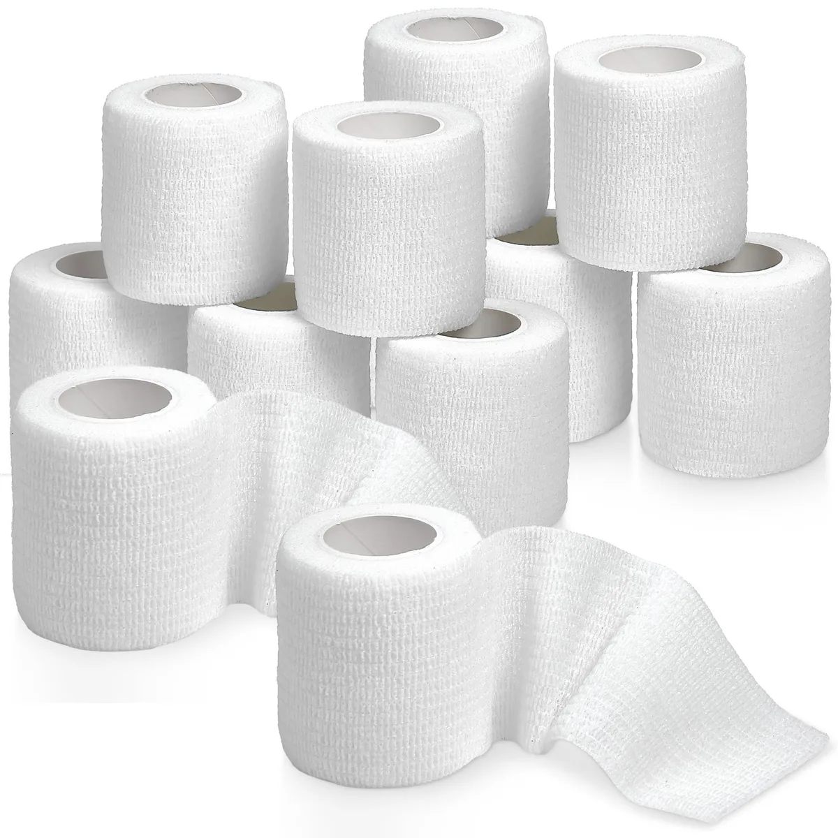 Twelve white elastic bandage rolls in individual wrappers