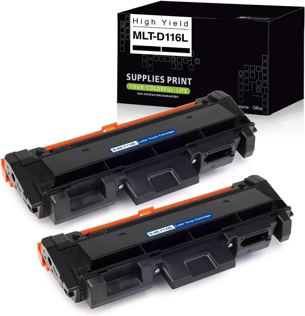 Two black rectangular toner cartridges in plastic wrap