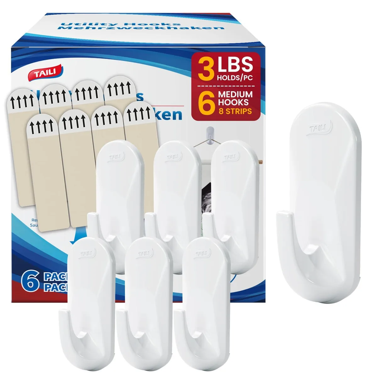 Six white plastic hooks with eight adhesive strips on backing cards