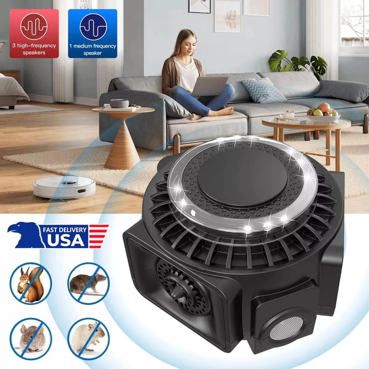 Small white plug-in pest repeller with 360° coverage