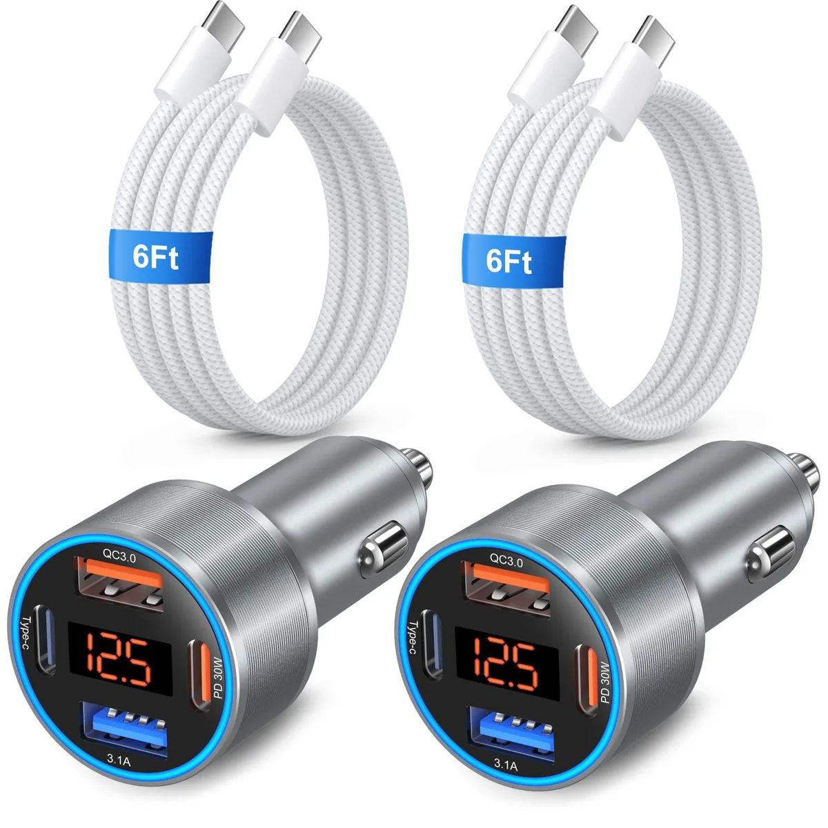 Two black car chargers with digital voltage displays and four ports each, plus two long USB-C cables