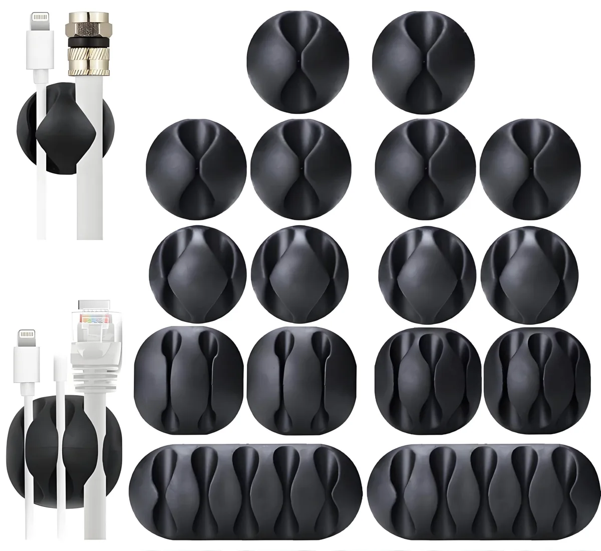 Sixteen black adhesive-backed cable clips in assorted sizes on a white surface