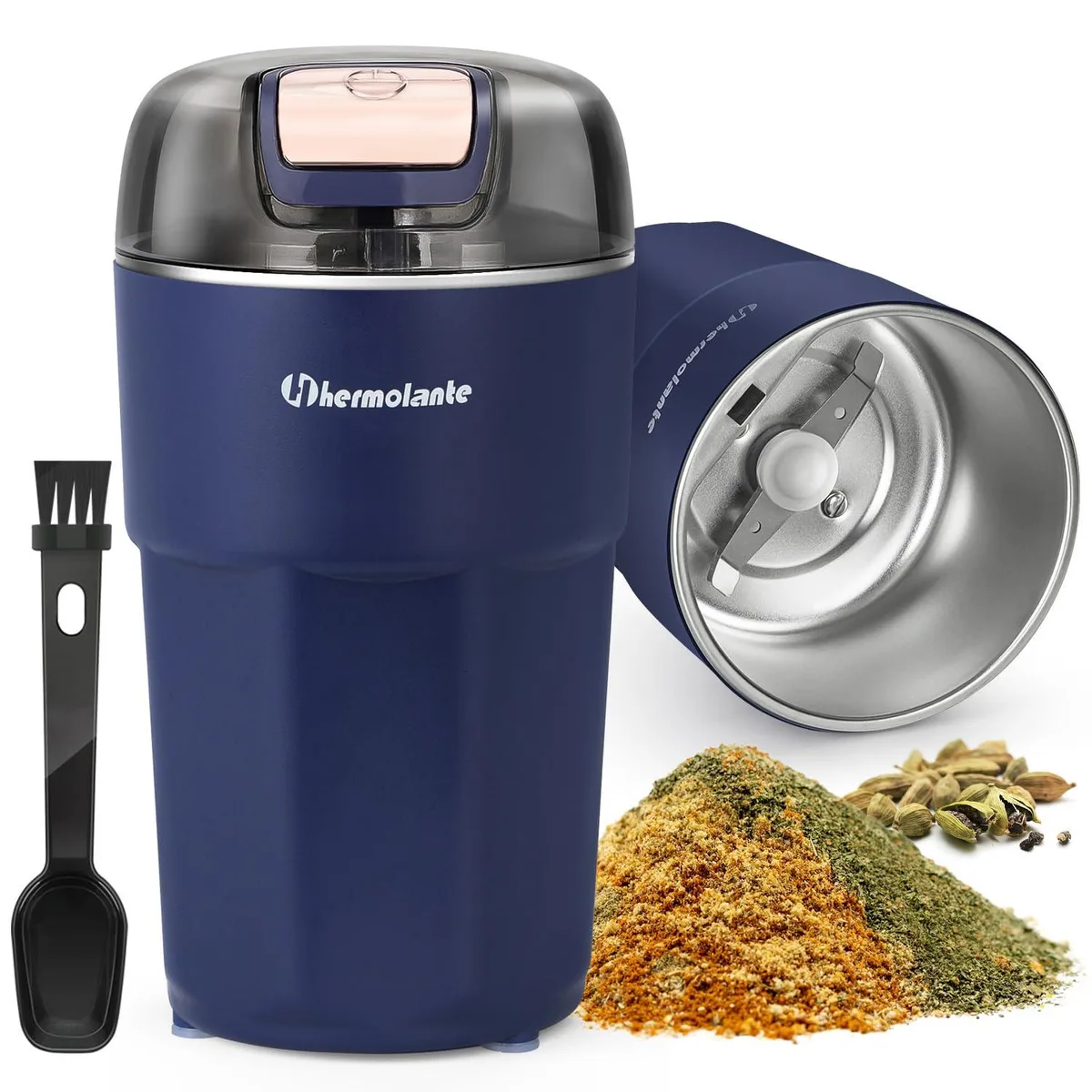 Compact silver food processor with transparent lid and stainless steel blades