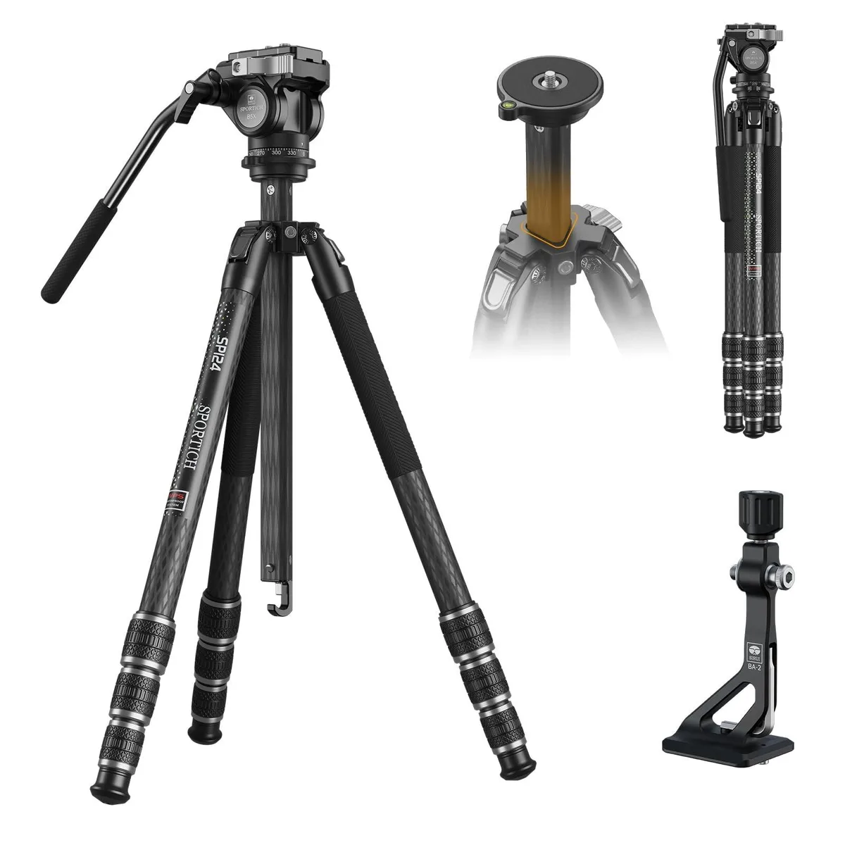 Carbon fibre tripod with fluid pan head, four-section legs and triangular centre column