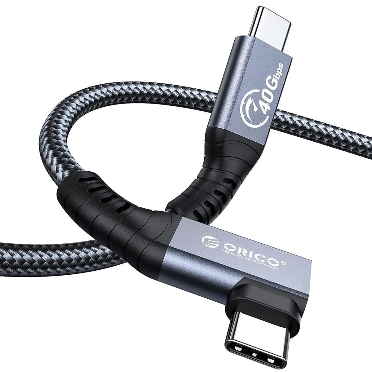 Grey right-angled Thunderbolt cable, one foot long