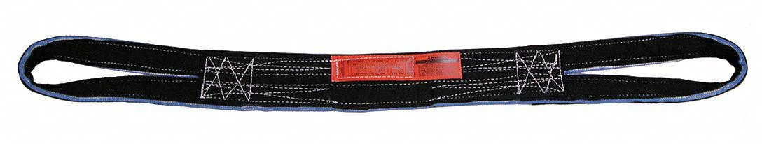 Black polyester web sling, two-ply, 2 in wide, 4 ft long, 9 in eyes