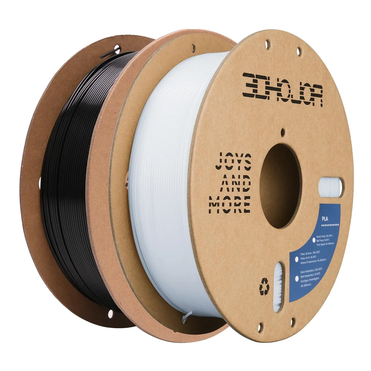 Two 1 kg PLA filament spools on cardboard cores, one black and one cold white, vacuum-sealed with desiccant