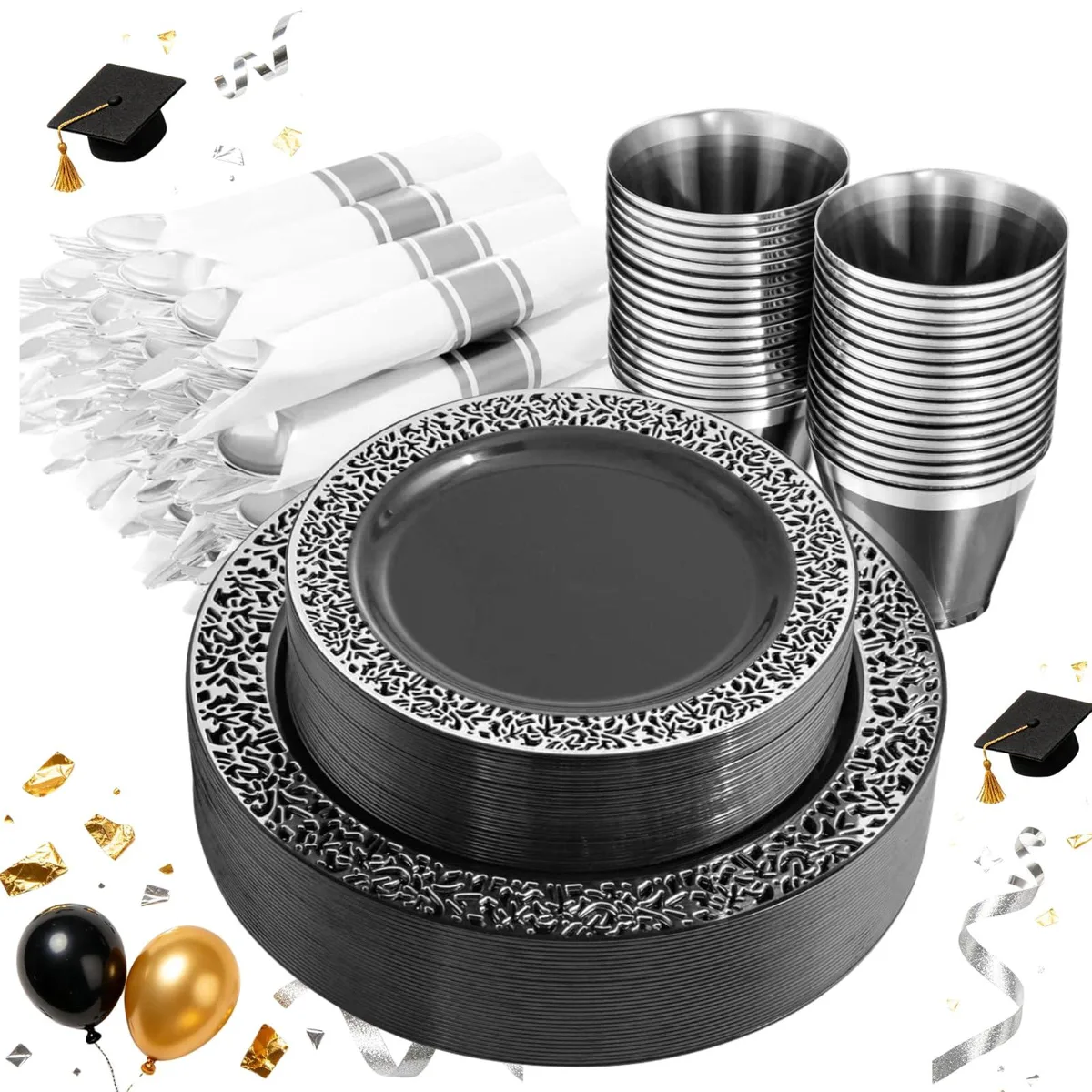 Black plastic dinner and dessert plates with silver rims, silver cutlery, clear cups, rolled napkins in a rectangular box