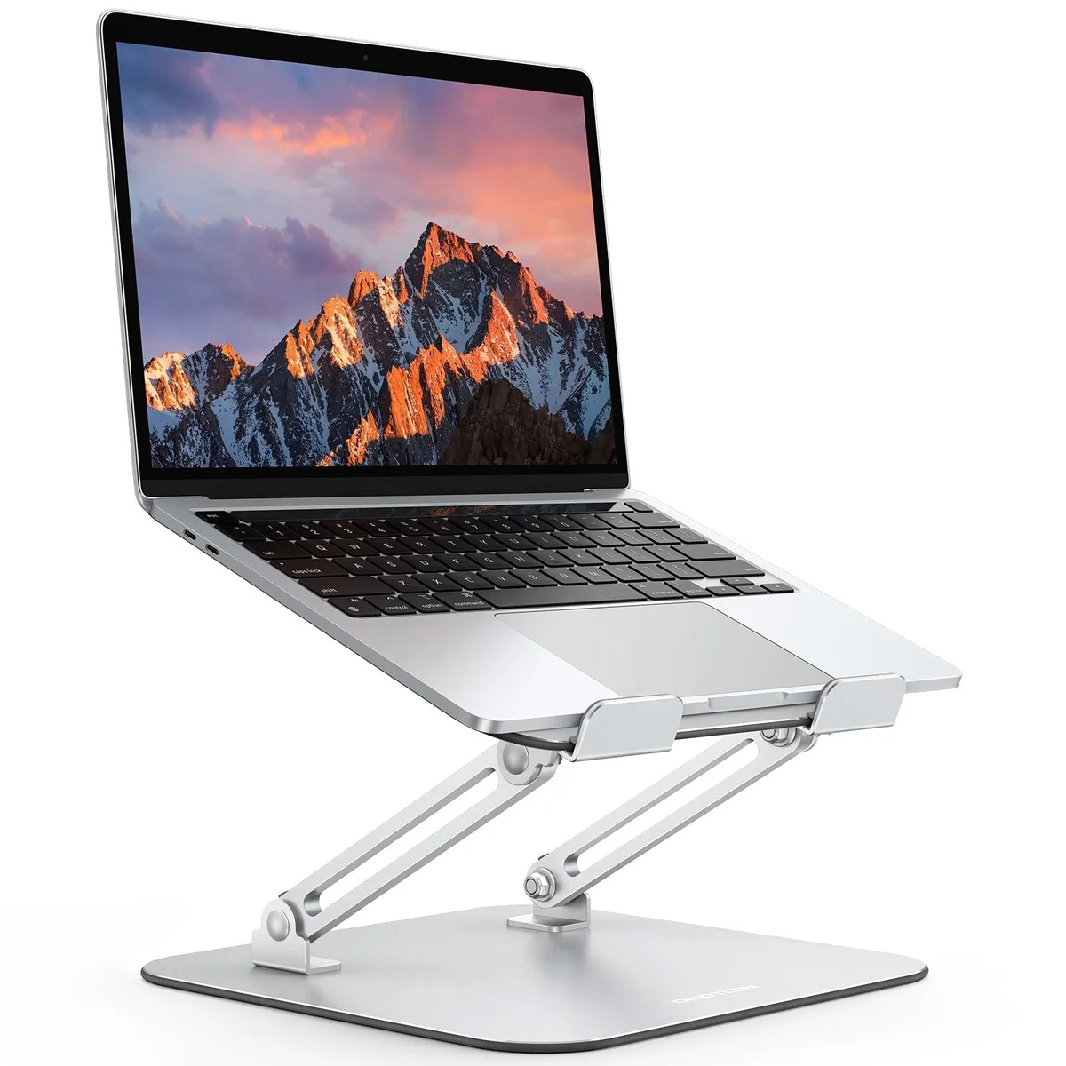 Black metal laptop stand with adjustable height and ventilation holes