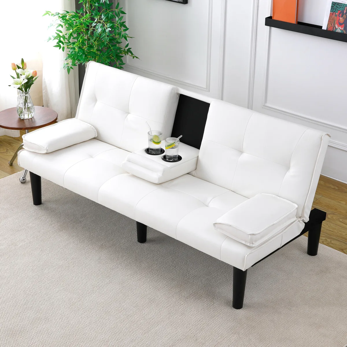 White 67-inch PVC sofa bed with foldable design and built-in cup holder