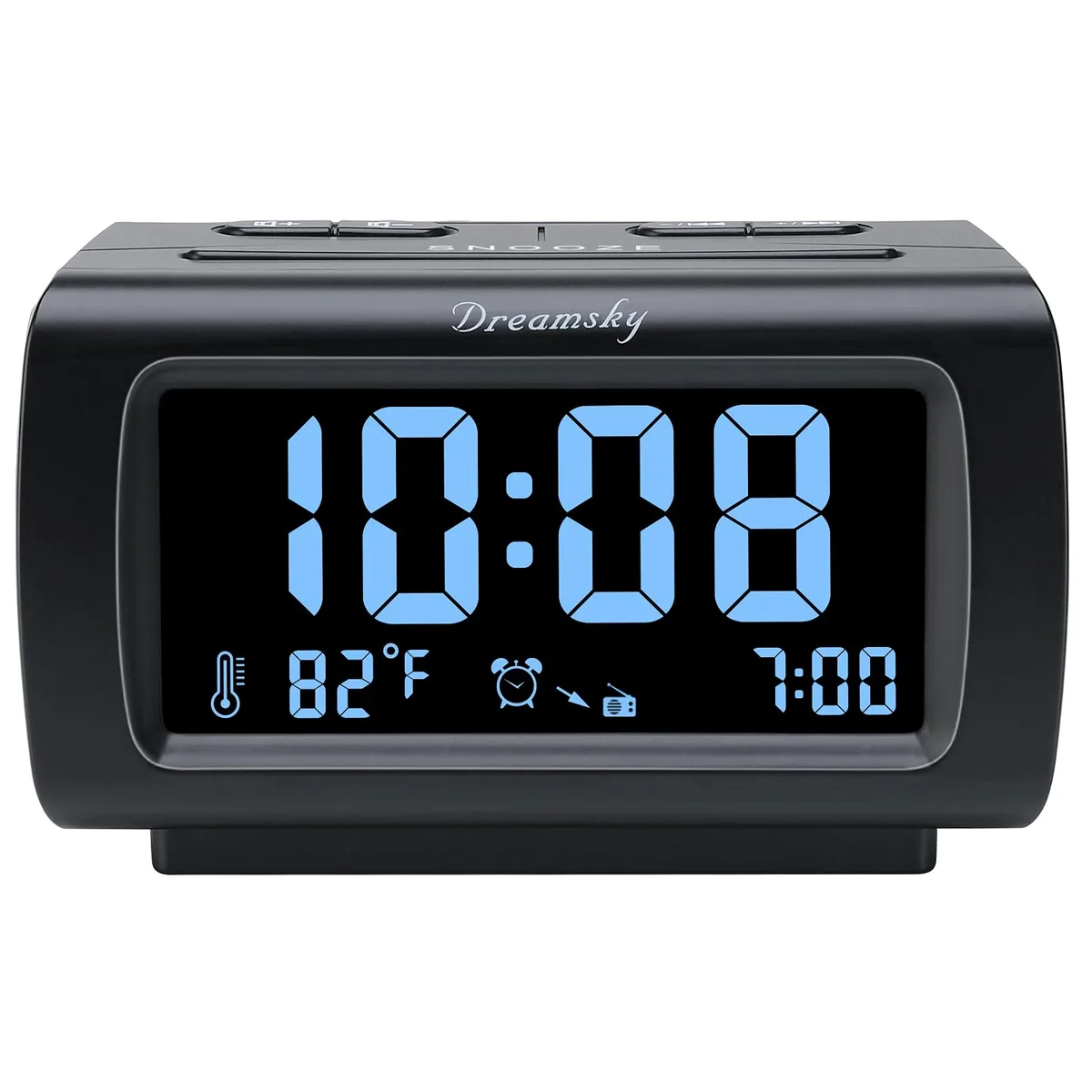 Rectangular digital clock radio with large blue LCD display, dimmer wheel, USB port, and FM tuner