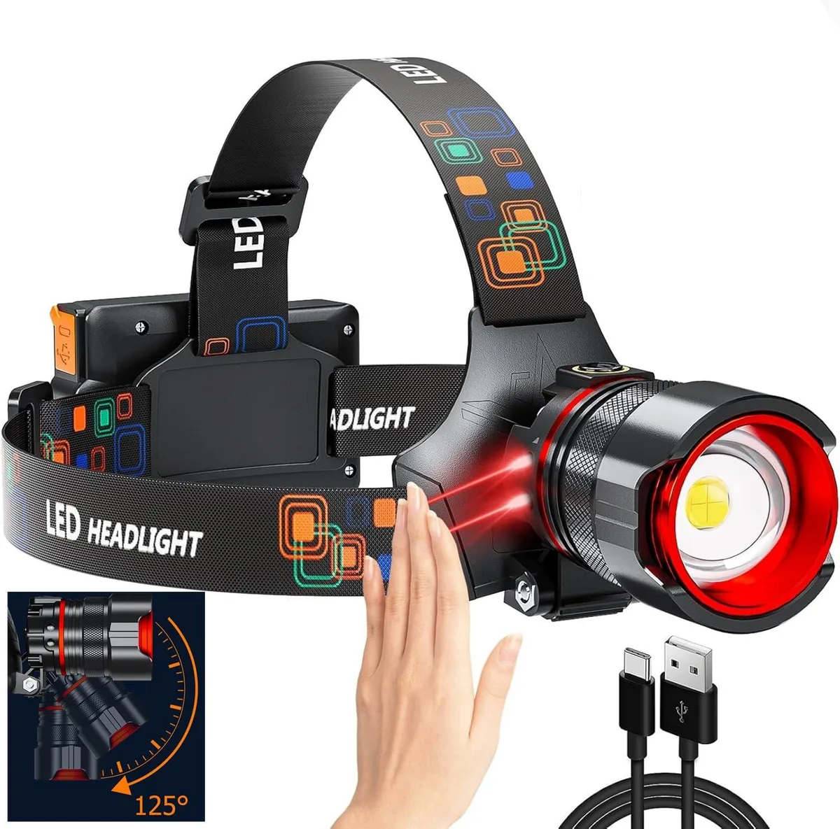 Black rectangular headlamp with wide front lens and adjustable head strap