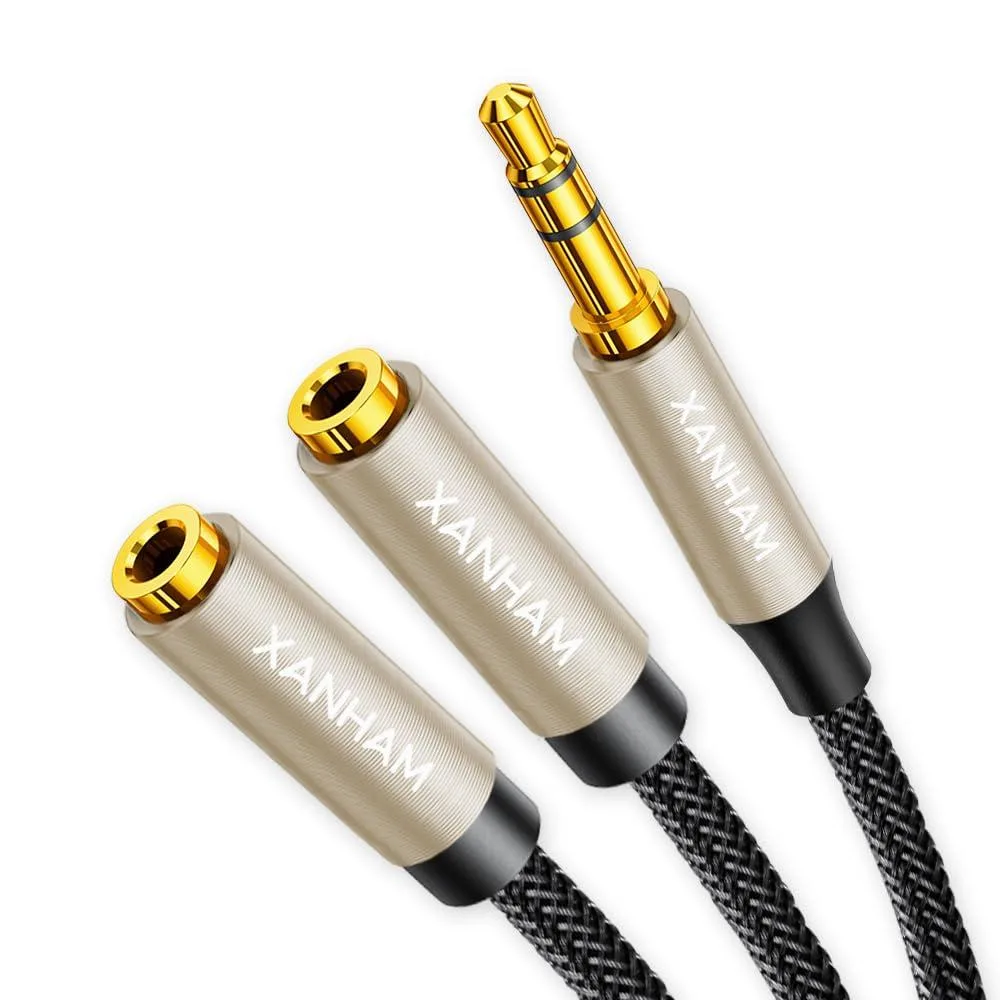 Gold Y-splitter cable with two 3.5mm TRS female ports and one male plug, braided finish