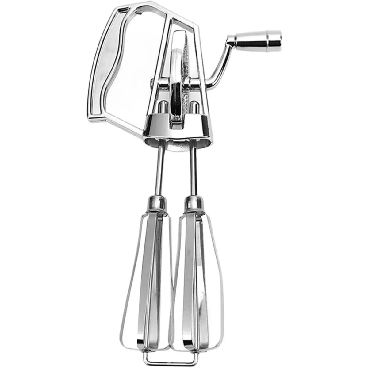 Silver stainless steel hand-crank egg beater with double rotating heads and ergonomic handle