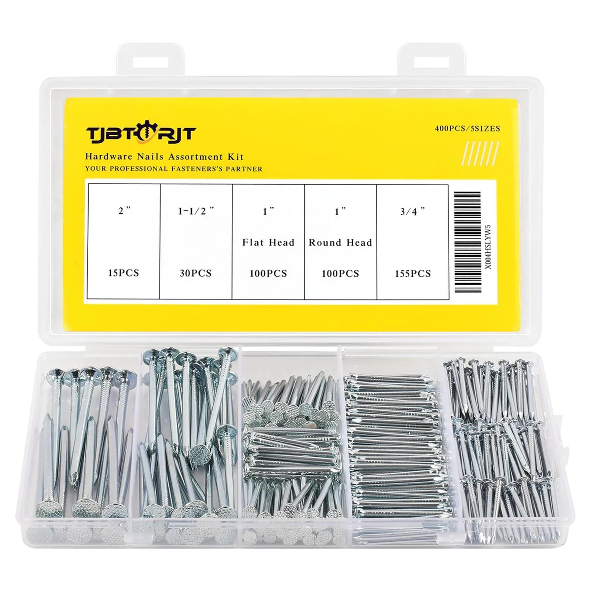 Transparent compartmented box holding 400 silver galvanized finishing nails in five sizes