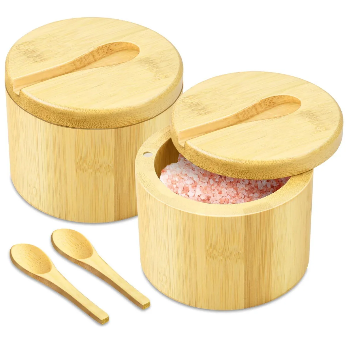 Two bamboo salt cellars with magnetic swivel lids and spoons, 6 oz each