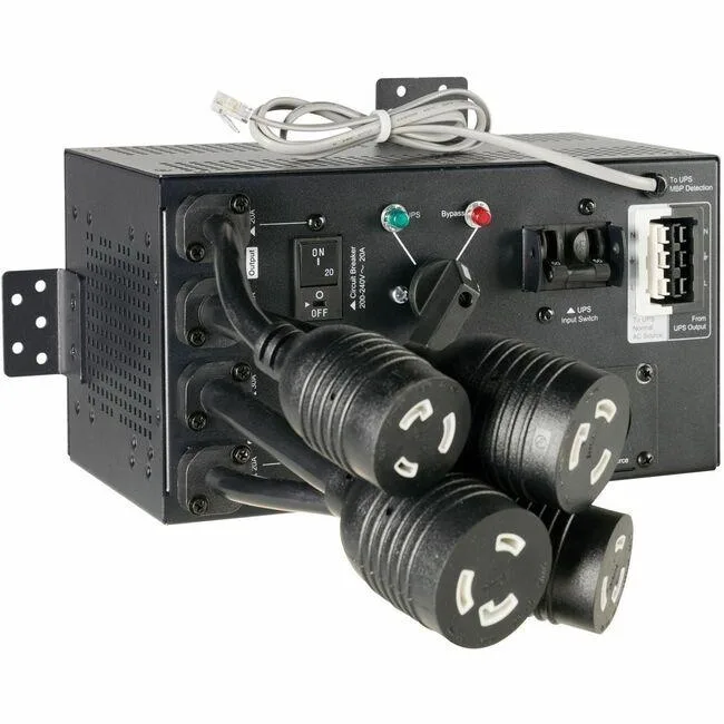 Rectangular metal enclosure with hardwired terminals, two L6-20R and two L6-30R outlets, rack tower wall mountable