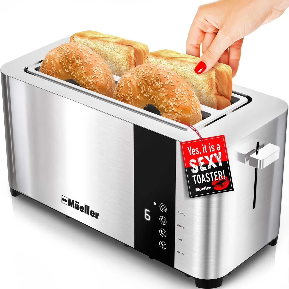 Stainless steel four-slice toaster with extra-wide 1.6 inch slots and touch controls