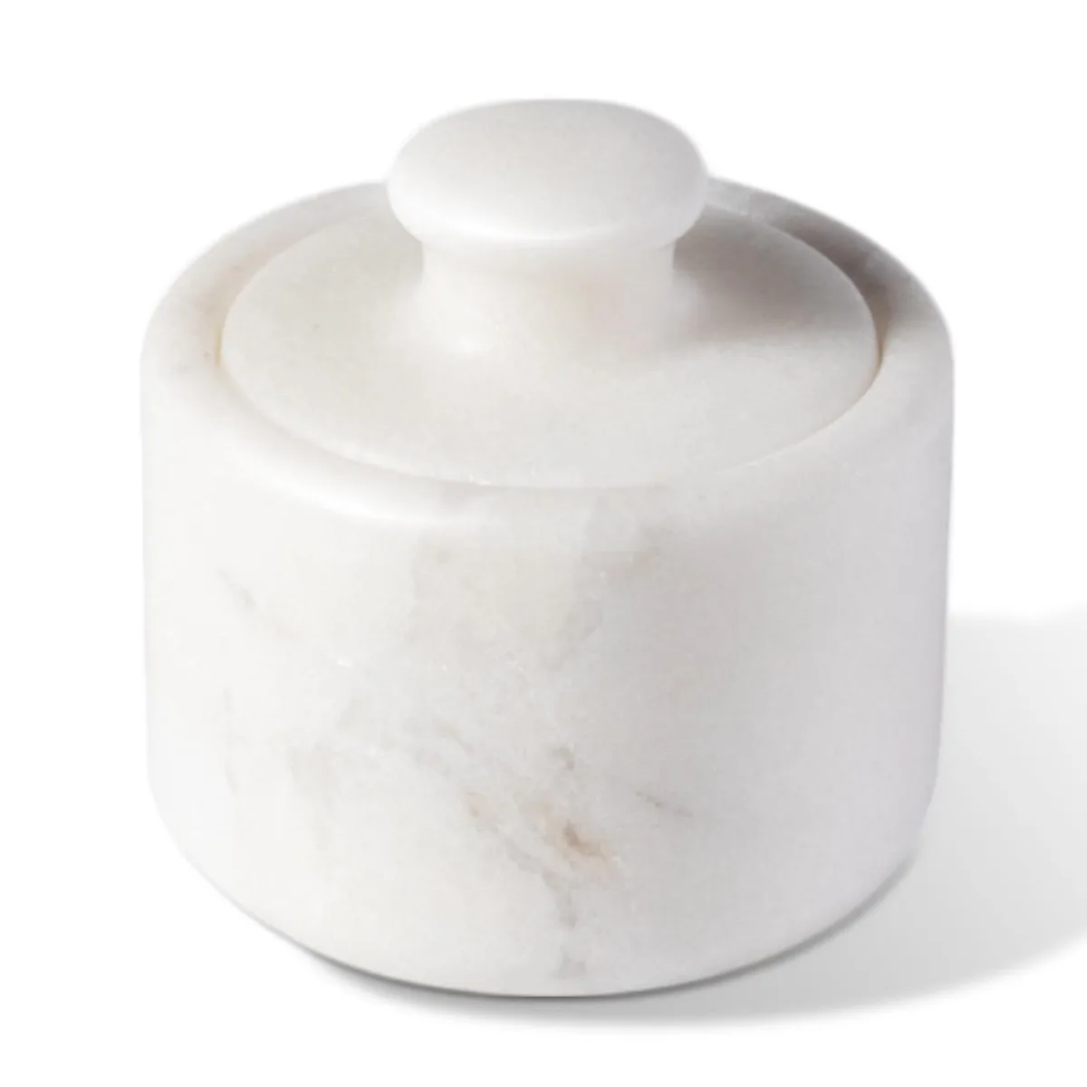 White marble salt cellar with lid, 3.5 inches square, polished finish with natural veining