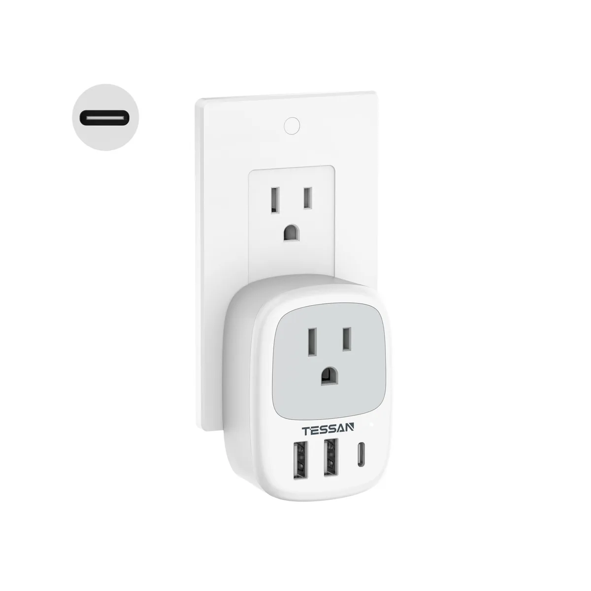 TESSAN TS-WS05US00 4-in-1 USB charger 1 AC 3 USB 1 USB-C 15W 1875W — product photo