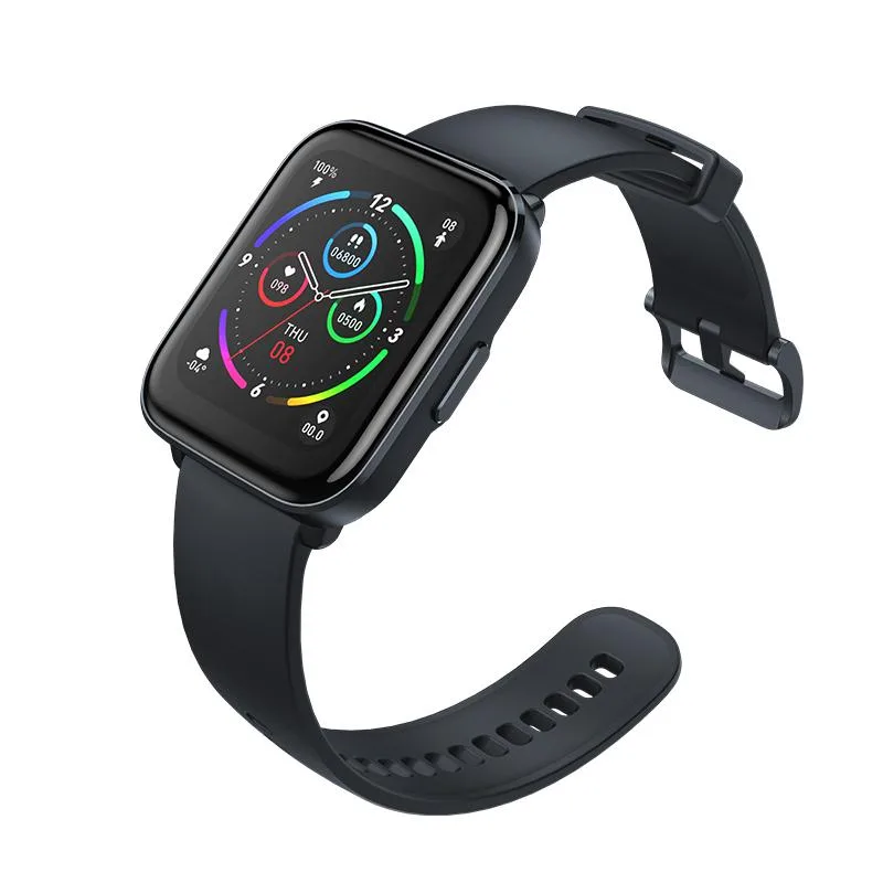 Rectangular black smartwatch with leather strap, 1.69-inch screen