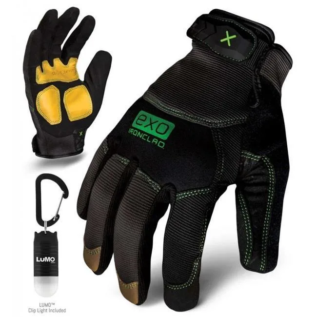 Large gray mechanics gloves with black and green accents, TPR puller cuff, neoprene knuckle protection, goatskin palm