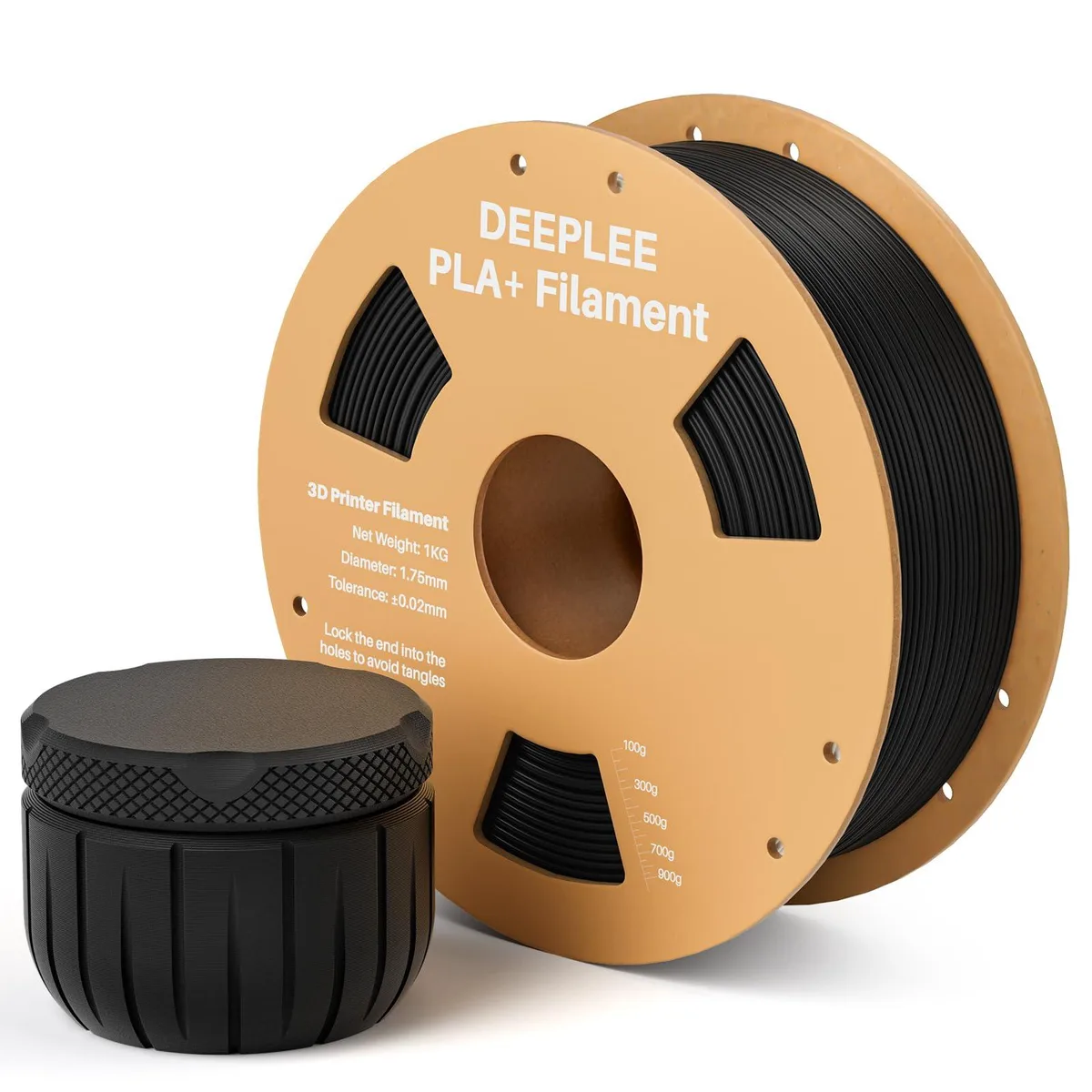 Black 1.75 mm PLA+ filament on a cardboard spool