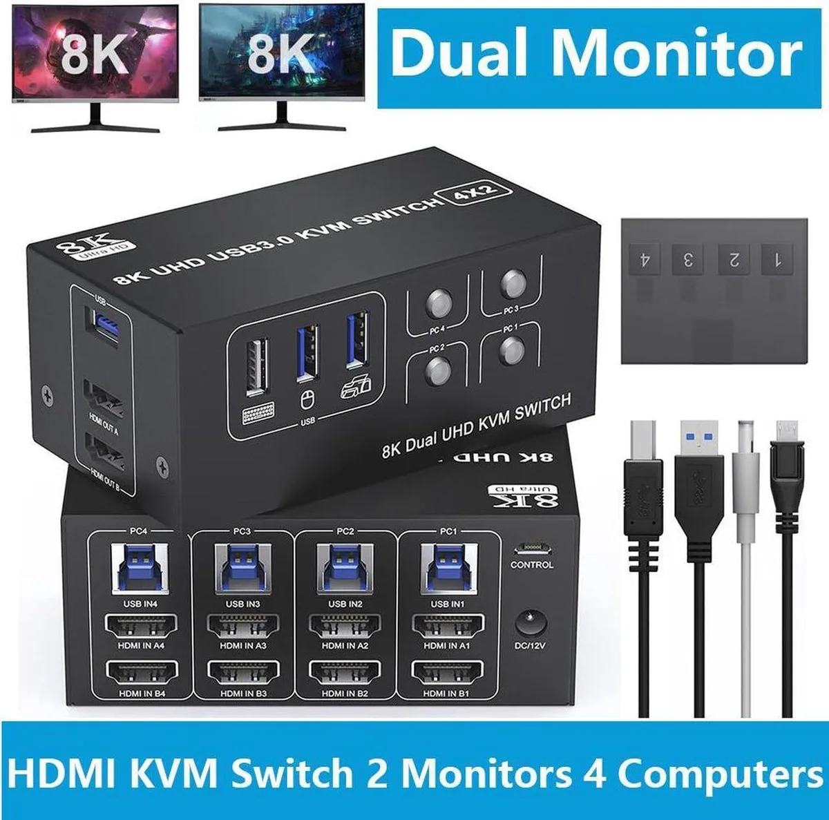 Vszerda Vszerda 8K Dual Monitor KVM Switch 4 Computer 2 Monitors — product photo