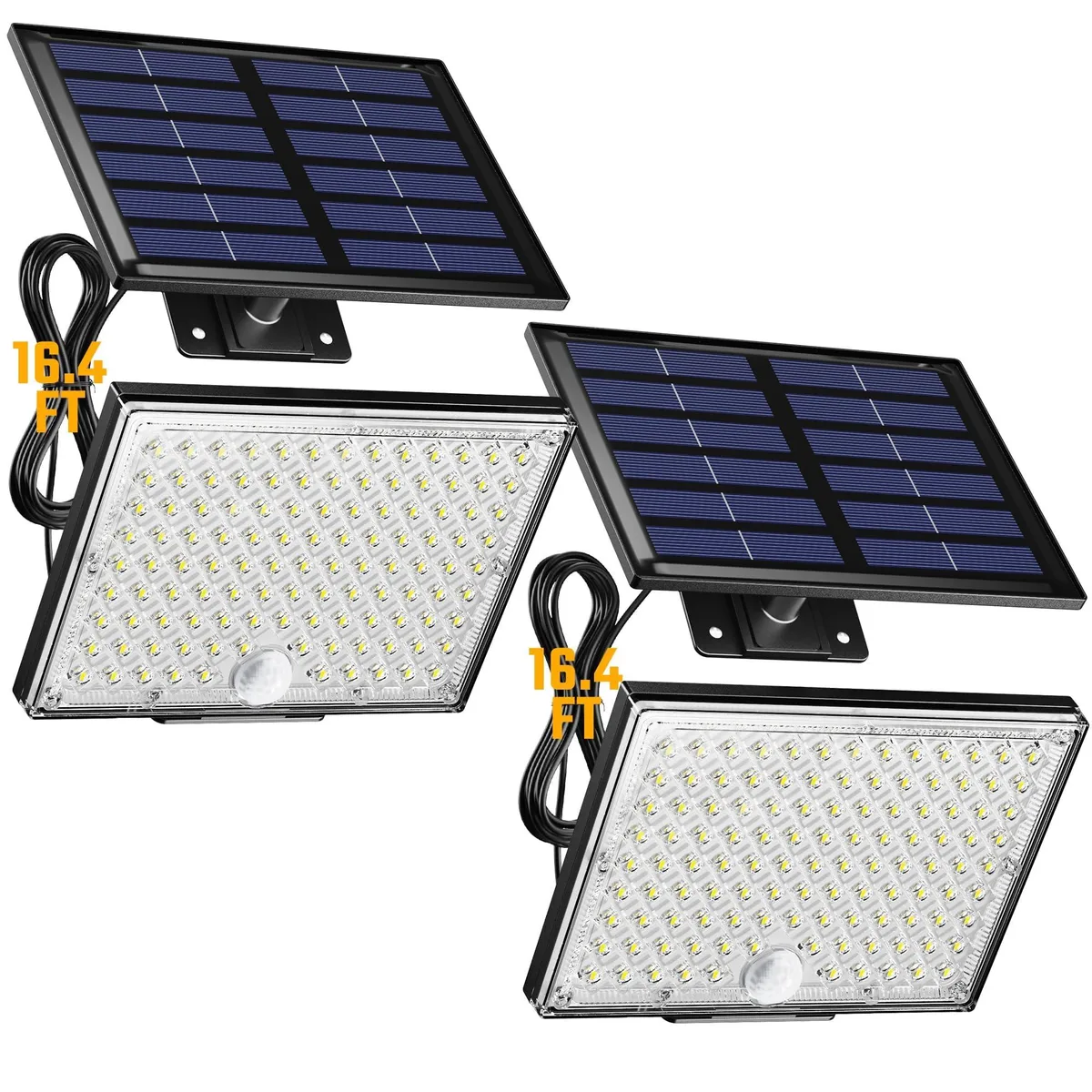 Two rectangular solar flood lights with separate panels and 16.4ft cables, cool white LEDs, IP65 rated