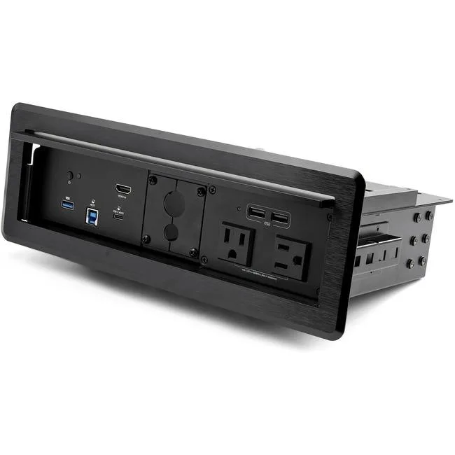 Black aluminum and steel tabletop connectivity box with lid closed, 4.3 by 12.5 inches