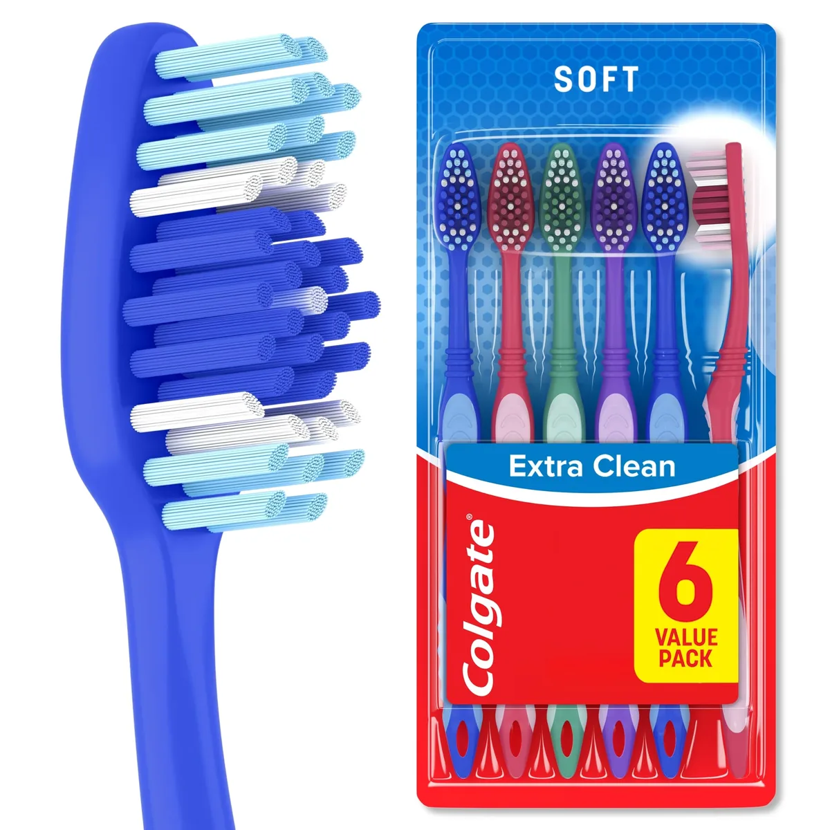Six red manual toothbrushes with soft bristles and non-slip grips