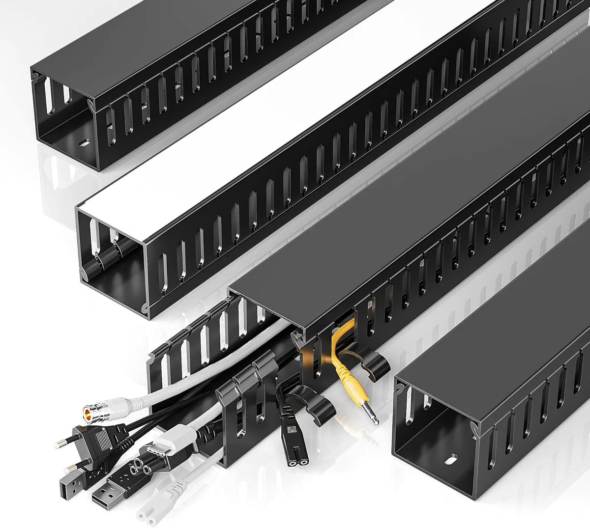 Black PVC cable raceway, four 15.7in sections forming 62.8in total, enclosed U-channel with snap-on lid and side ports