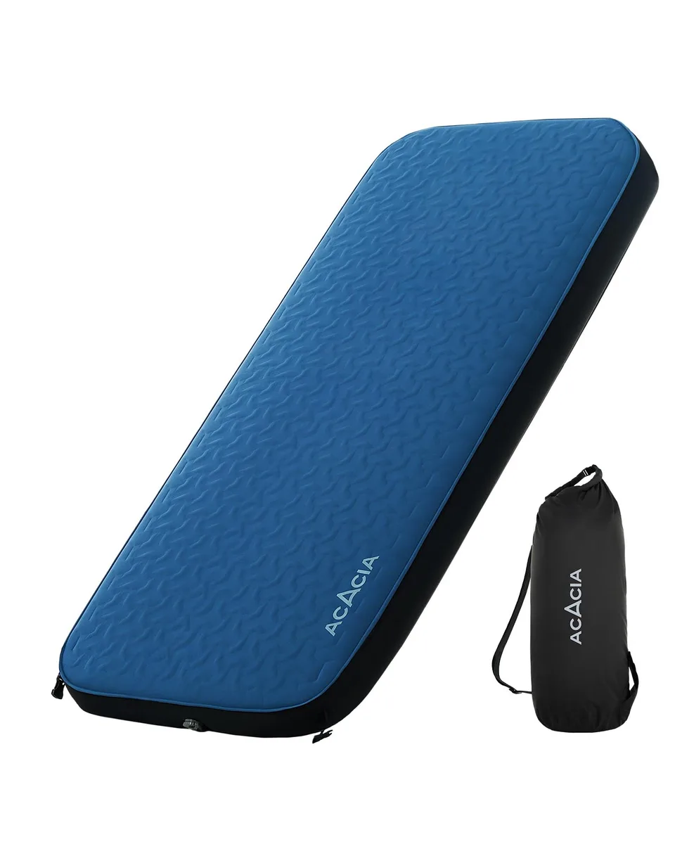 Blue self-inflating sleeping pad, 4.3 inches thick, single size, rolled with carry bag