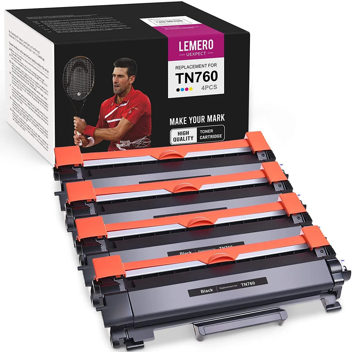 Four black toner cartridges in a rectangular box