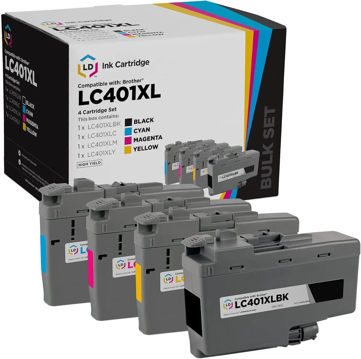 Four rectangular ink cartridges in black cyan magenta yellow on a plain background