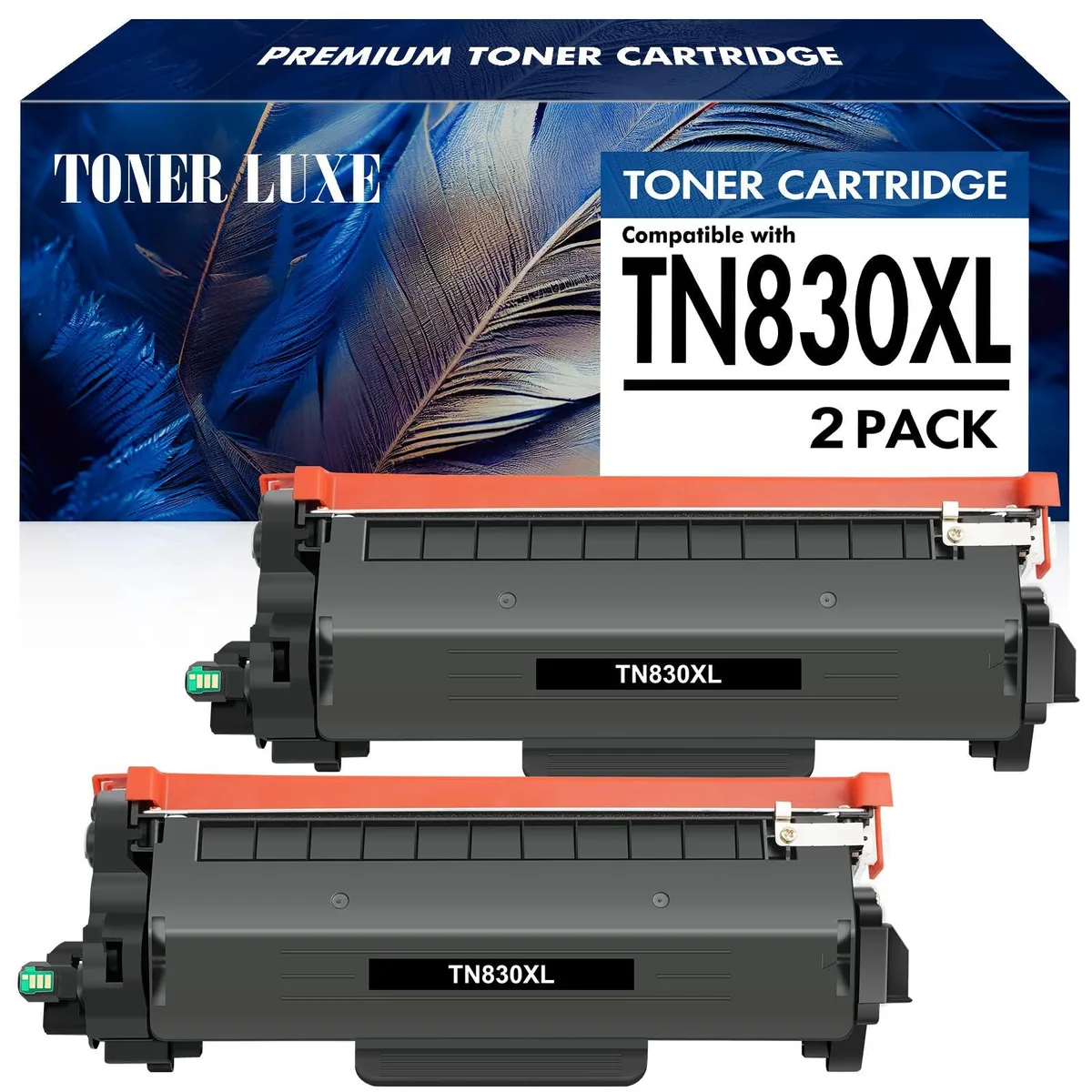 Two black toner cartridges in branded boxes side by side