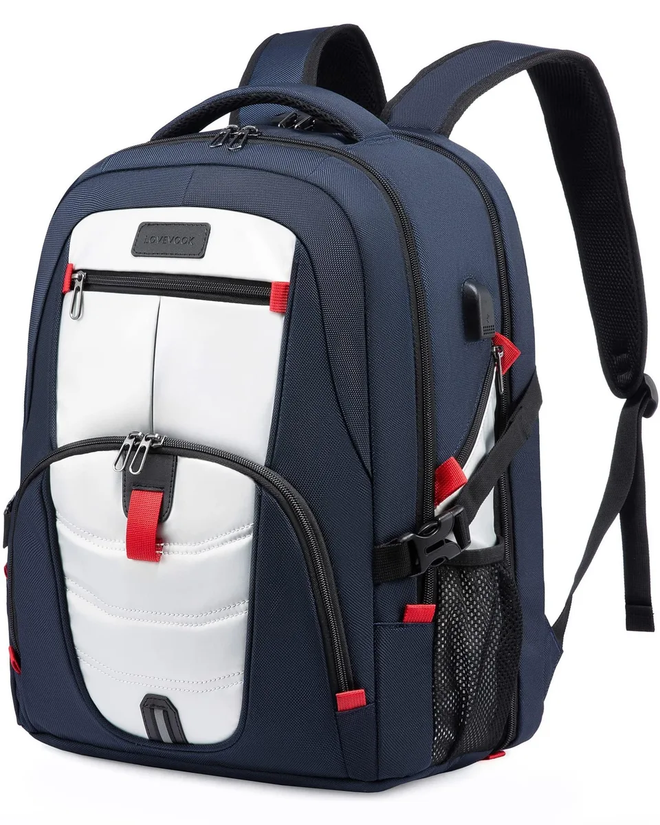 Blue and white 17 inch laptop backpack with USB port and combination lock