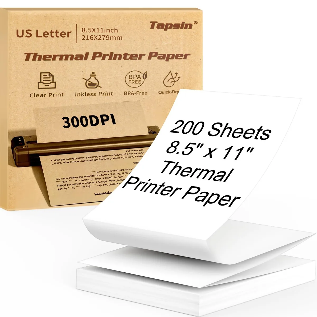 A white stack of 200 letter-size thermal paper sheets, smooth finish, continuous perforated folding format